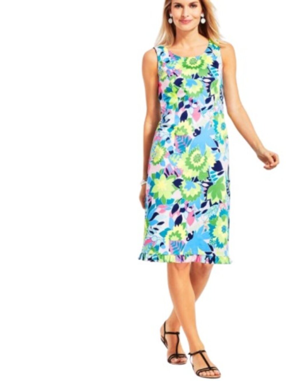 Talbots Womens Ruffle Hem Sateen Sheath Dress Vibrant Island Floral Coastal 10
